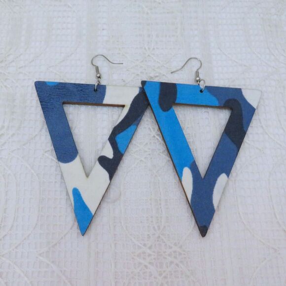 Inverted Triangle Blue Camo Dangle Earrings For Women 4 Inches - Picture 2 of 8